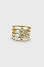 Bague dorée multi anneaux torsadés avec cristaux bleus – Image 2