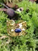 Bague dorée motif feuilles et pierre ovale lapis‑lazuli – Image 4