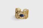 Bague dorée motif feuilles et pierre ovale lapis‑lazuli – Image 2