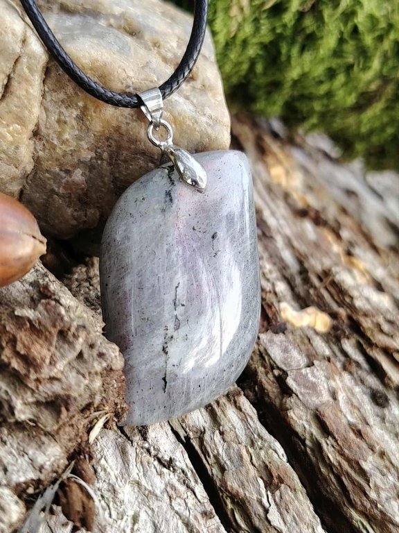 pendentif-labradorite-sur-cordon-noir-pose-sur-bois-et-roche-protection-ancrage-intuition.jpeg Pendentif labradorite grise avec reflets arc en ciel – Image 1